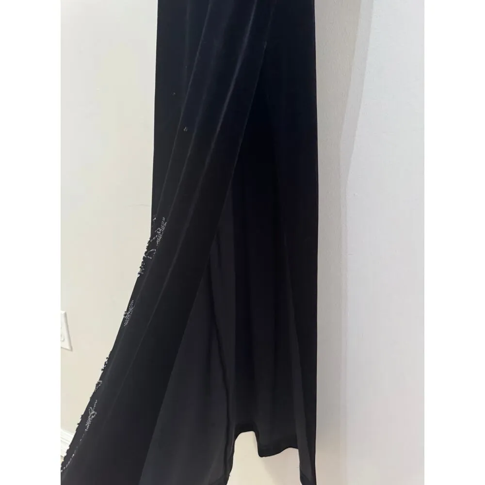 Vintage black velvet spaghetti straps side slit open back dress size 9 - Image 9