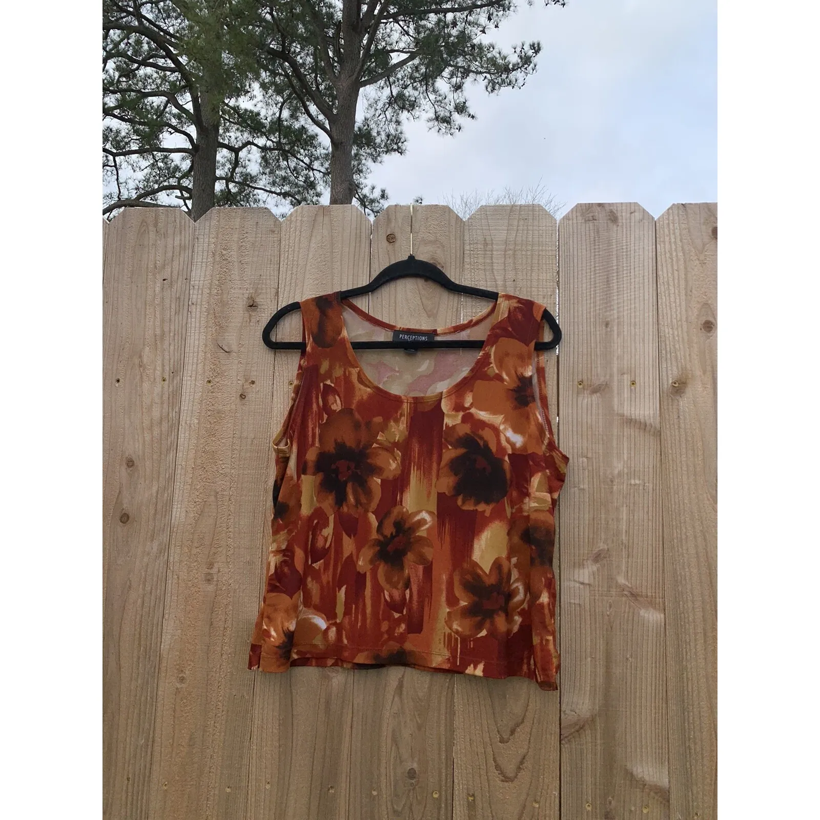 Perceptions Tank Top Blouse‎ Women's 12p  Stretch fall Floral Orange Brown - Image 2