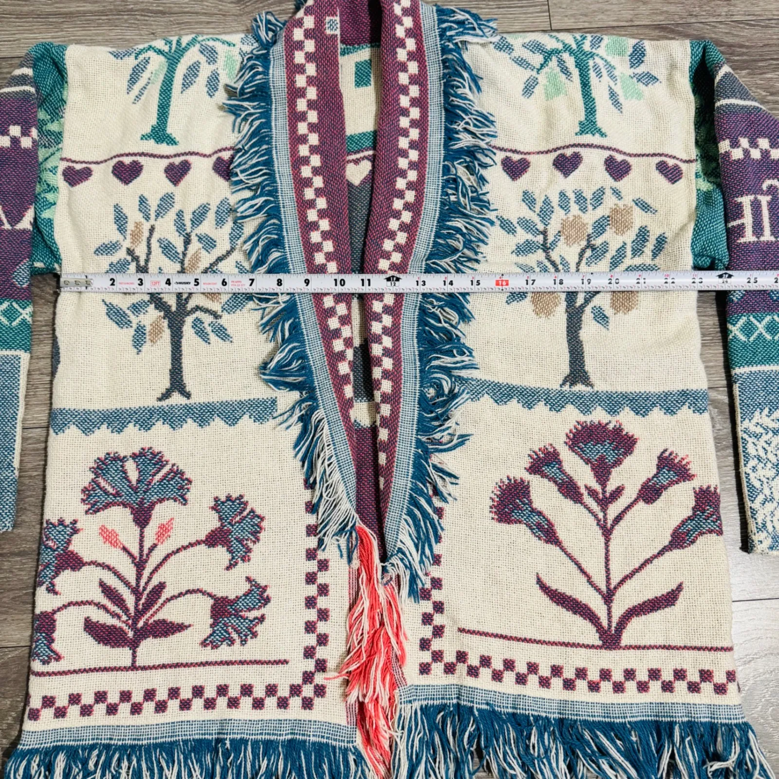Crown Crafts Woven Tapestry Cardigan Sweater Fringe Floral Horse Carriage Cabin Blue Size undefined - Image 10