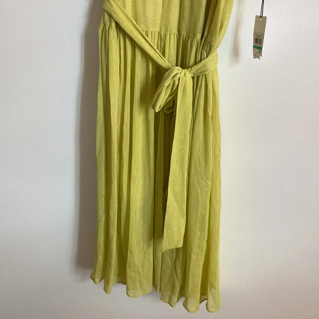 Calvin Klein Metallic Chiffon Flutter Sleeve Faux Wrap Dress (Sz 16) Green NWT - Image 4