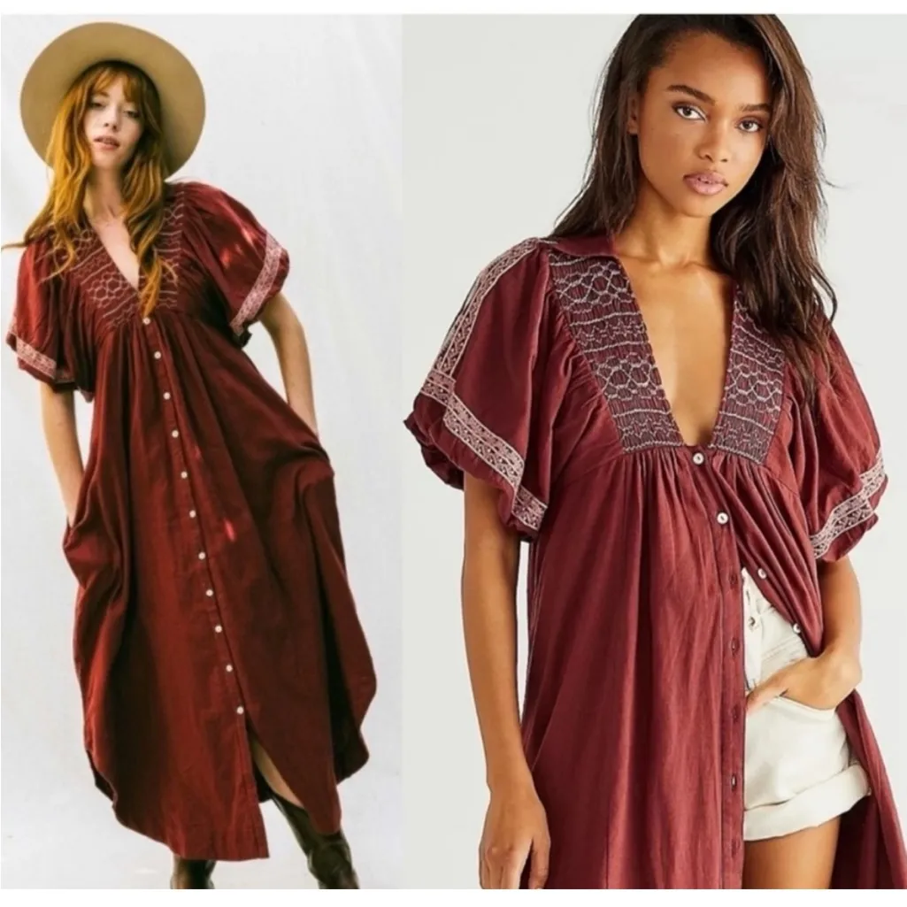 Free People Samantha Embroidered Puff Sleeve Button Front Maxi Dress Medium - Image 17