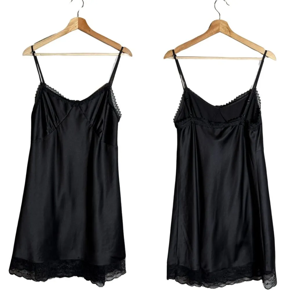 NWT Steve Madden Veera Lace Trim Slipdress Mini Dress Women's Medium Black Satin - Image 3