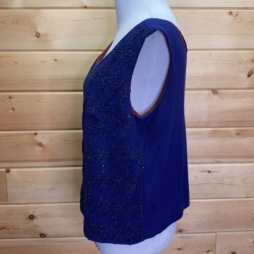 Handmade Beaded Sequin Diamond Tank Top Blouse Blue Size L - Image 4