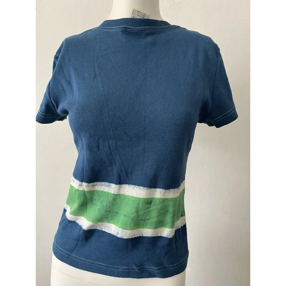 Ellemenno 90s Blue Stripe Acid Wash V neck Cotton Top Tee made in USA Large - Image 3