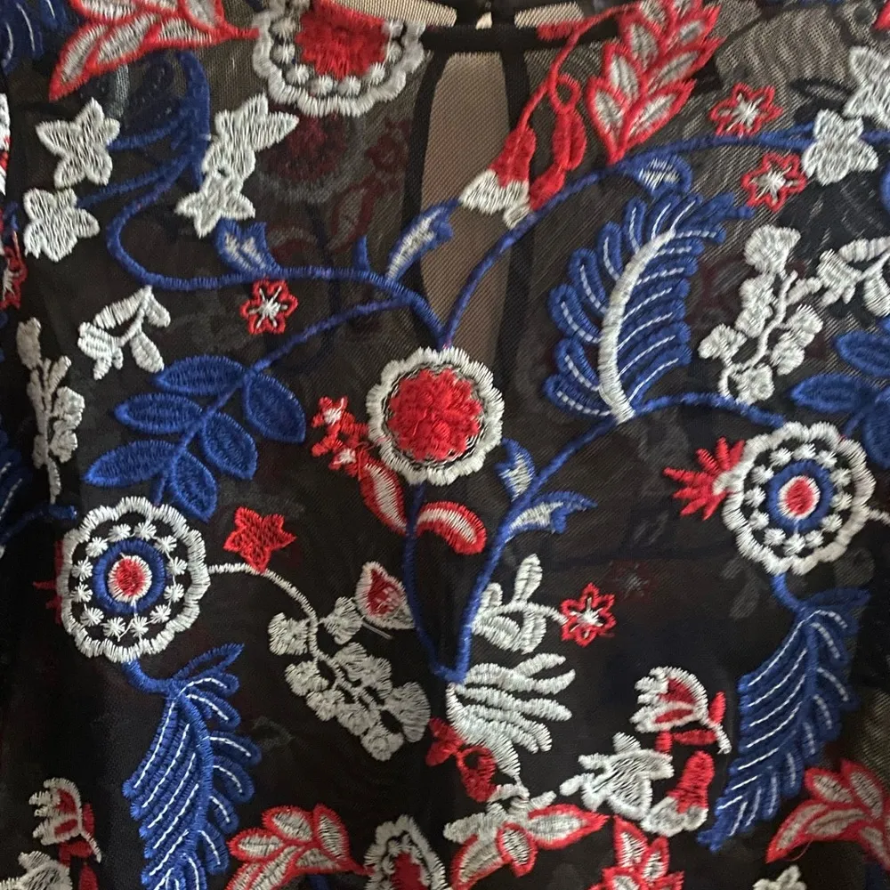 Aqua Women’s Sheer Blouse S Small Black W/ Red White Blue Embroidered Flowers - Image 2