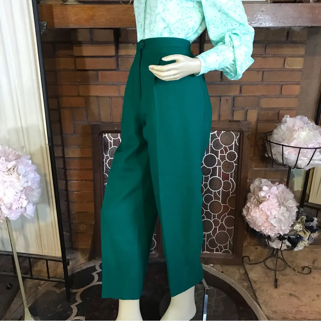VINTAGE 1980'S DARK GREEN PLEATED HIGH WAISTED TROUSERS (14) - Image 5