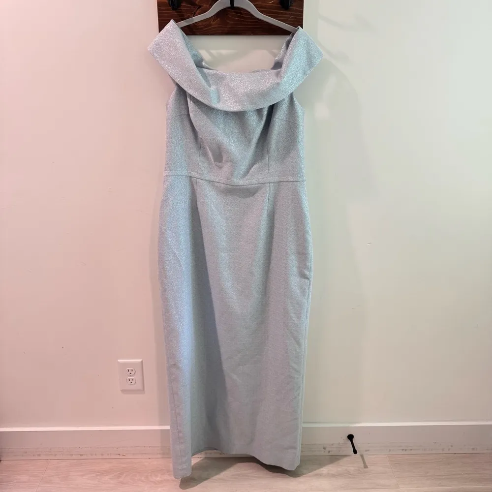 Rickie Freeman for Teri Jon Off Shoulder Metallic Jacquard Ice Blue Column Gown Size 16 - Image 6