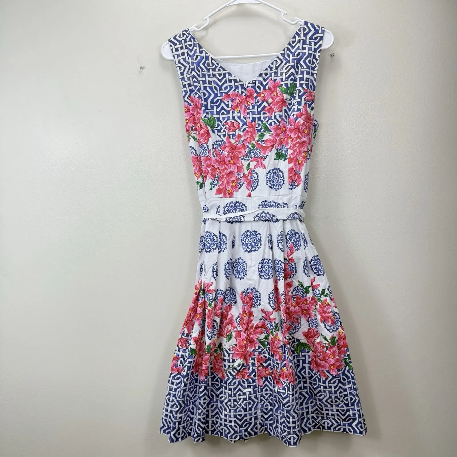 Talbots Mosaic Blue Red Floral Sateen Sleeveless Flare‎ Dress Pockets Size 10 - Image 4