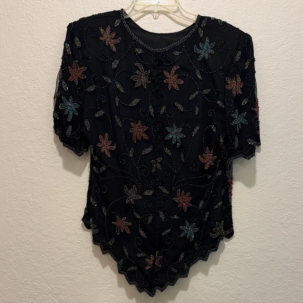 Vintage Silk Beaded Embroidered Black Floral Semi Formal Top Laurence Kazar Size L - Image 7