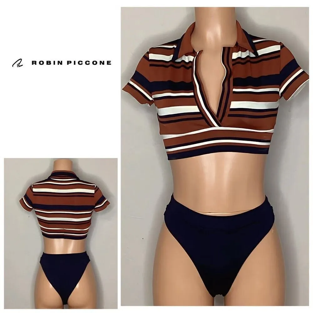 New. Robin Piccone stripe crop top teeny bikini. Size 4/S. Retails $208 - Image 2