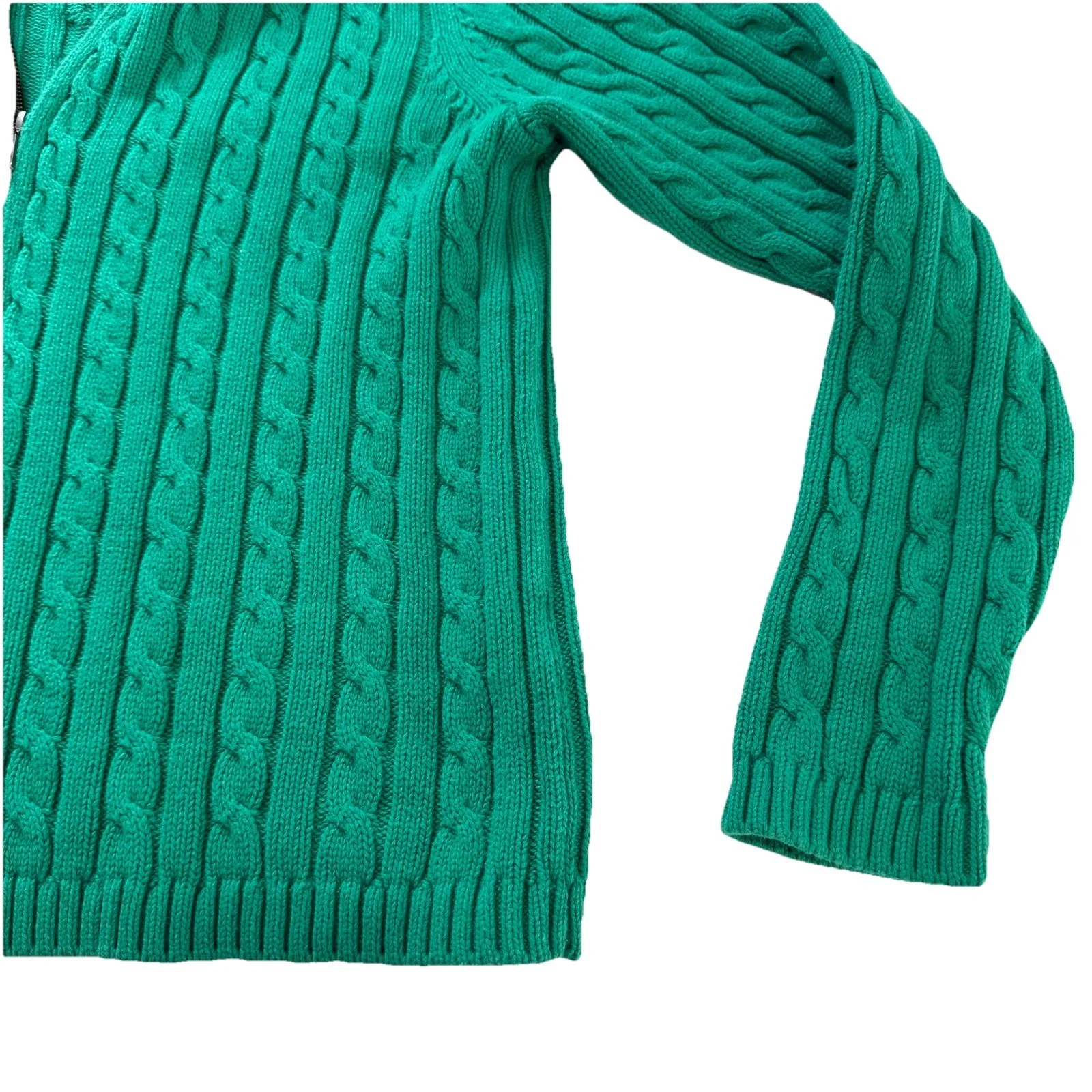 LL Bean Teal Mock Neck Full Zip Cable Cotton Cardigan Sweater Size LARGE PETITE Green - Image 5