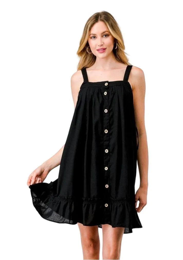 Button-Up Sleeveless Ruffle Flare Hem Mini Dress Black Linen/Rayon Casual - Image 10