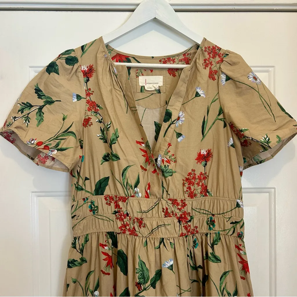 Anthropologie The Somerset Maxi Dress Tiered Smock Floral Khaki Tan Green L - Image 4