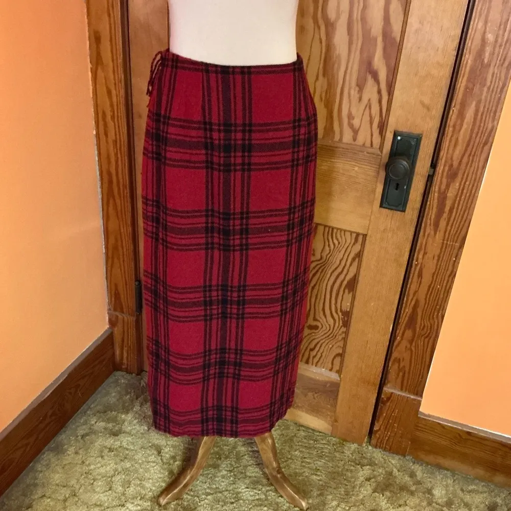 Vtg 90s wool plaid fringed wrap skirt Red Size 10P - Image 14