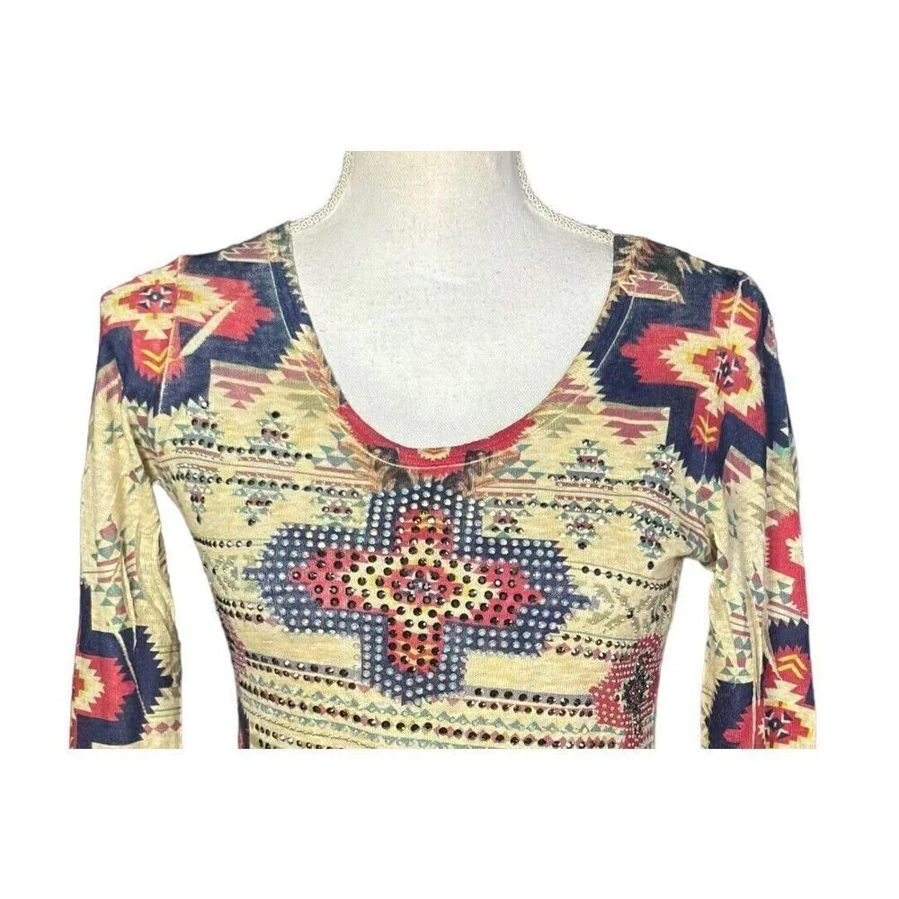 Vocal Top Size Small Red Blue Aztec Rodeo Western Studded Embellished Santa Fe - Image 3