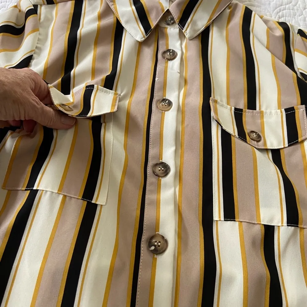 NY Collection Taupe and Navy Striped Long Sleeve Dress Business Casual Size PL - Image 8