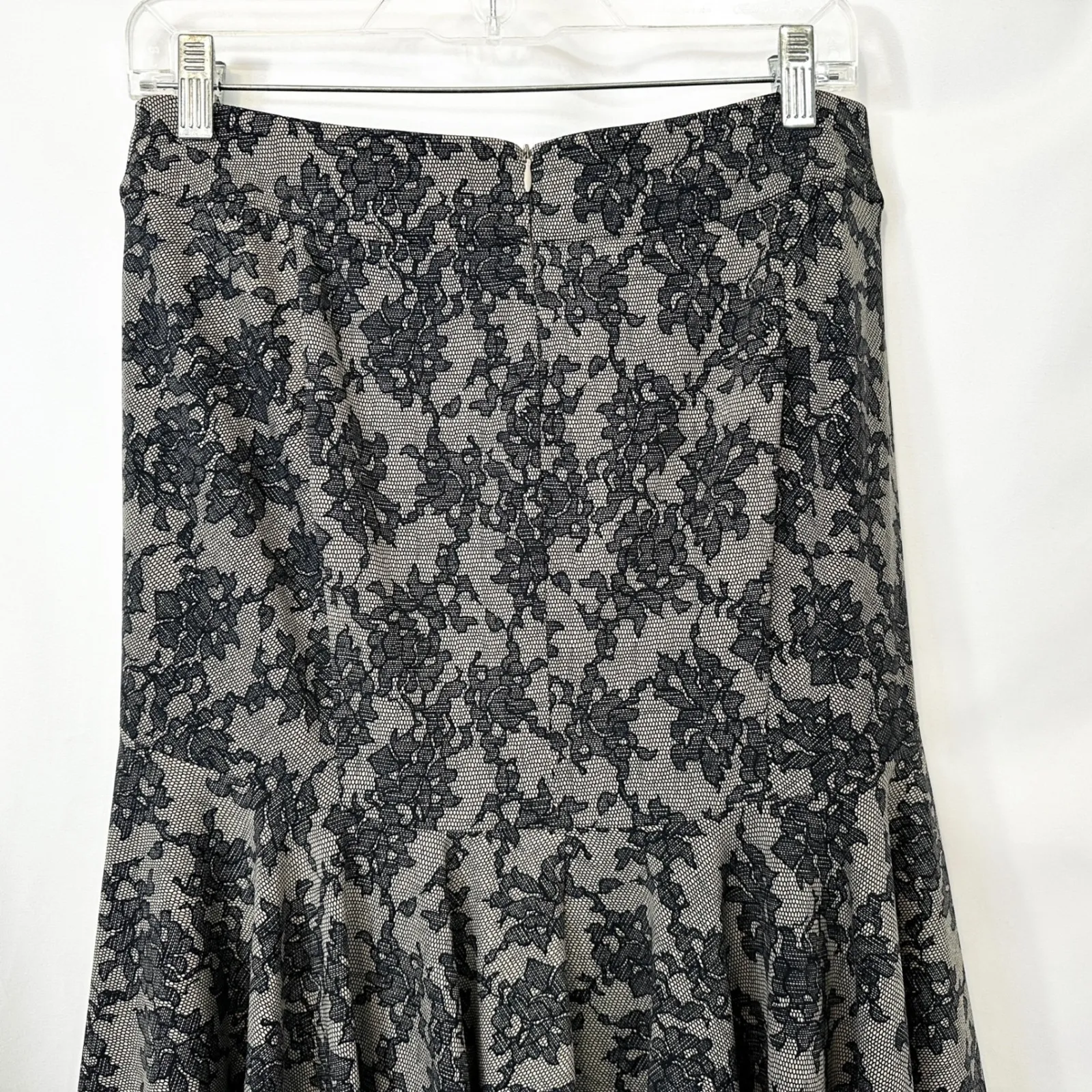 Michael Kors Sz 10 Midi Skirt Trumpet Black Gray Lace Print Flare Whimsigoth 195 - Image 10
