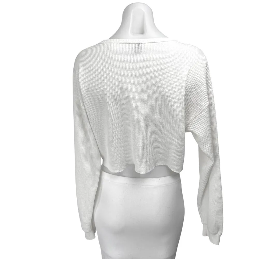 Princess Polly White Waffle Knit Long Sleeve Henley Crop Shirt Sweater Top Sz 4 - Image 2