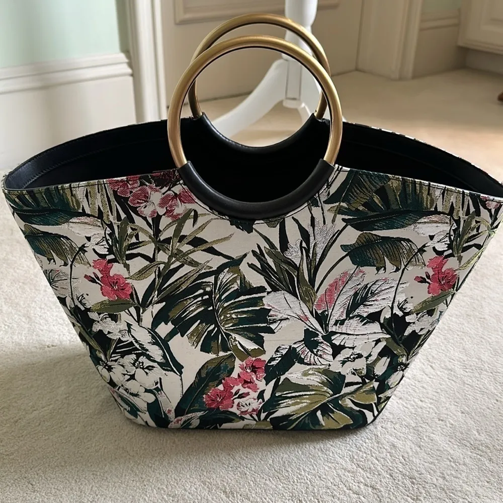 Flynn Hampton Flora Metallic Weave Floral Tote Bag Purse Metallic Ringed Handles Black - Image 8