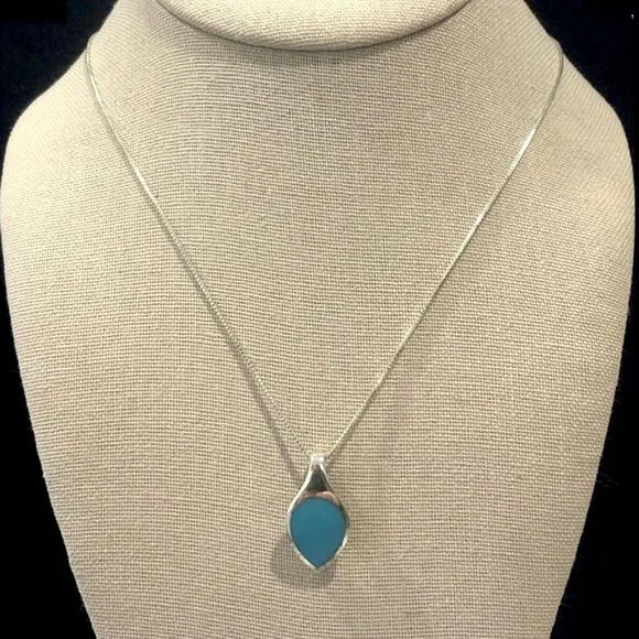 Vintage Sterling Silver and Turquoise Pendant On Sterling Silver Necklace - Image 1