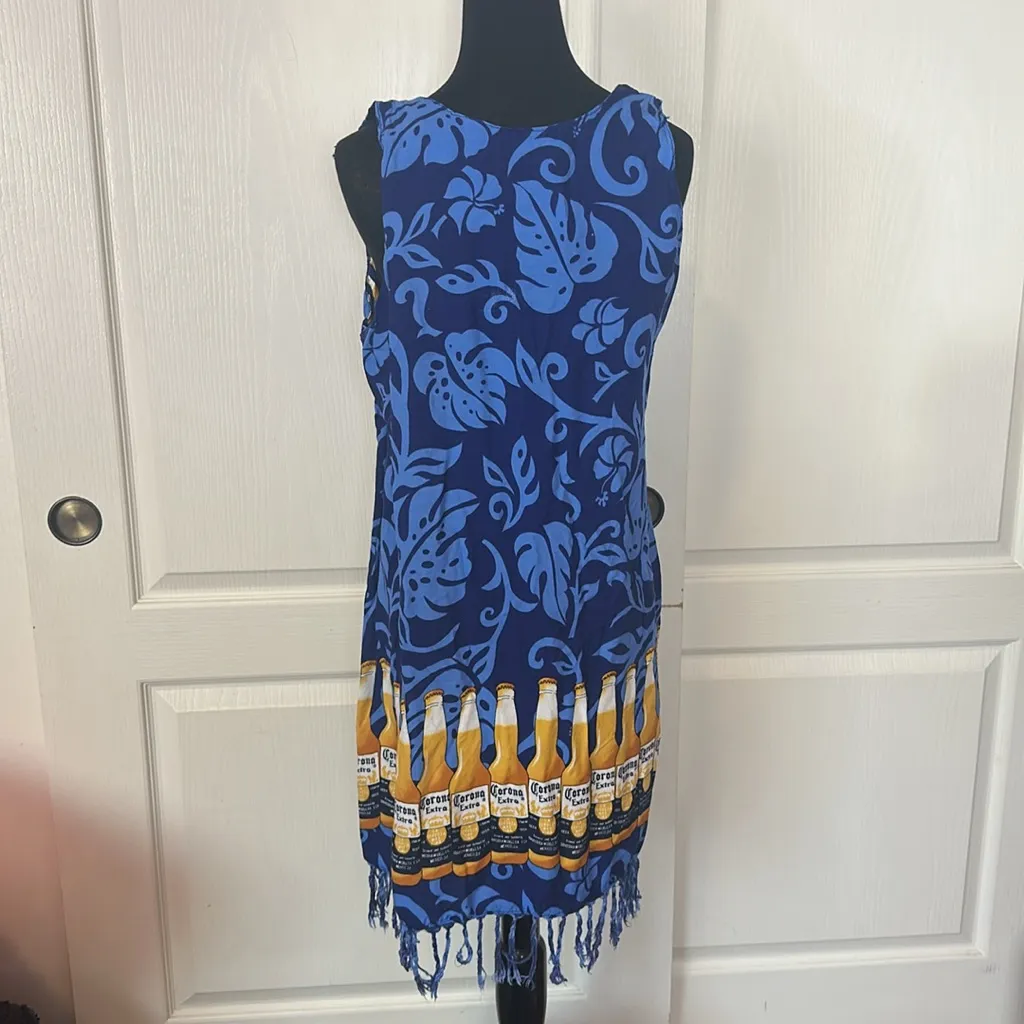 VTG CORONA EXTRA BEER FRINGE HAWAIIAN TANK DRESS PARTY Blue Size M - Image 3