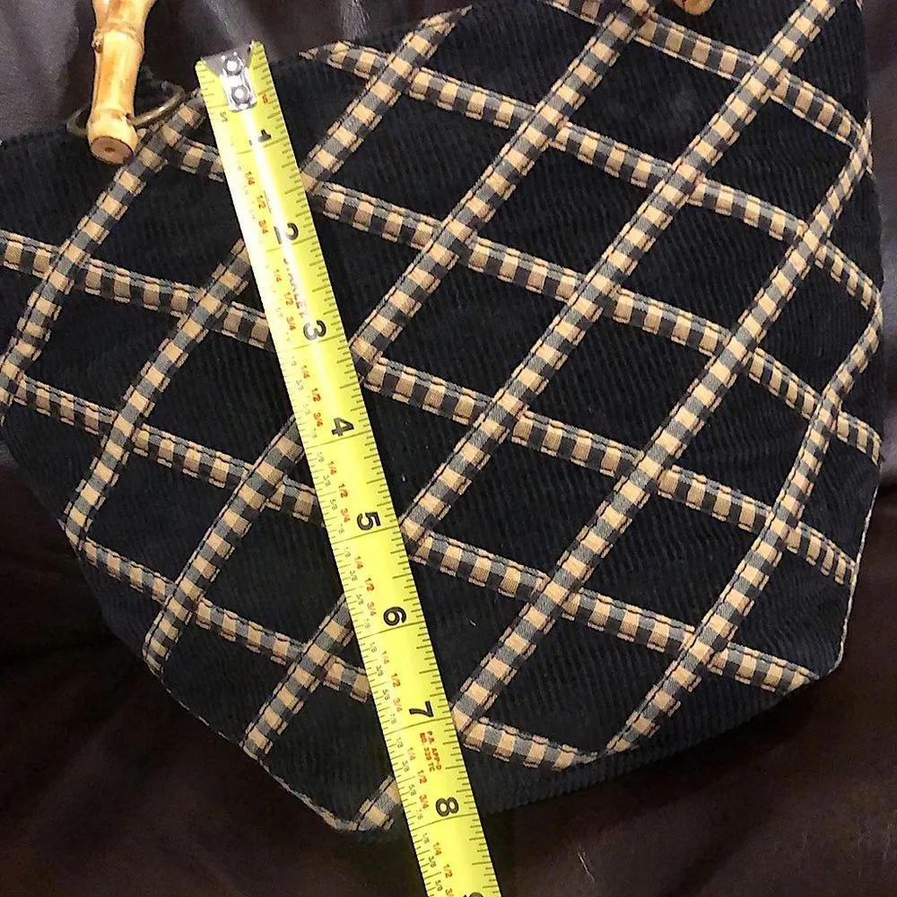 LONGABERGER Bamboo Handle & Black Corduroy Bag w Diamond Pattern Overlay VINTAGE - Image 6