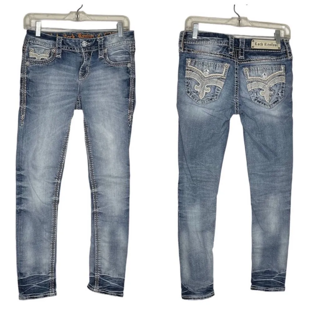 ROCK REVIVAL Jeans Sakai Ankle Skinny Rhinestones Stitching Distressed Size 27 - Image 13