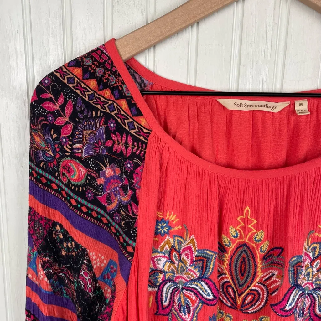 Soft Surroundings Blame Rio Embroidered Peasant Top Size Medium Hot Coral Boho - Image 3