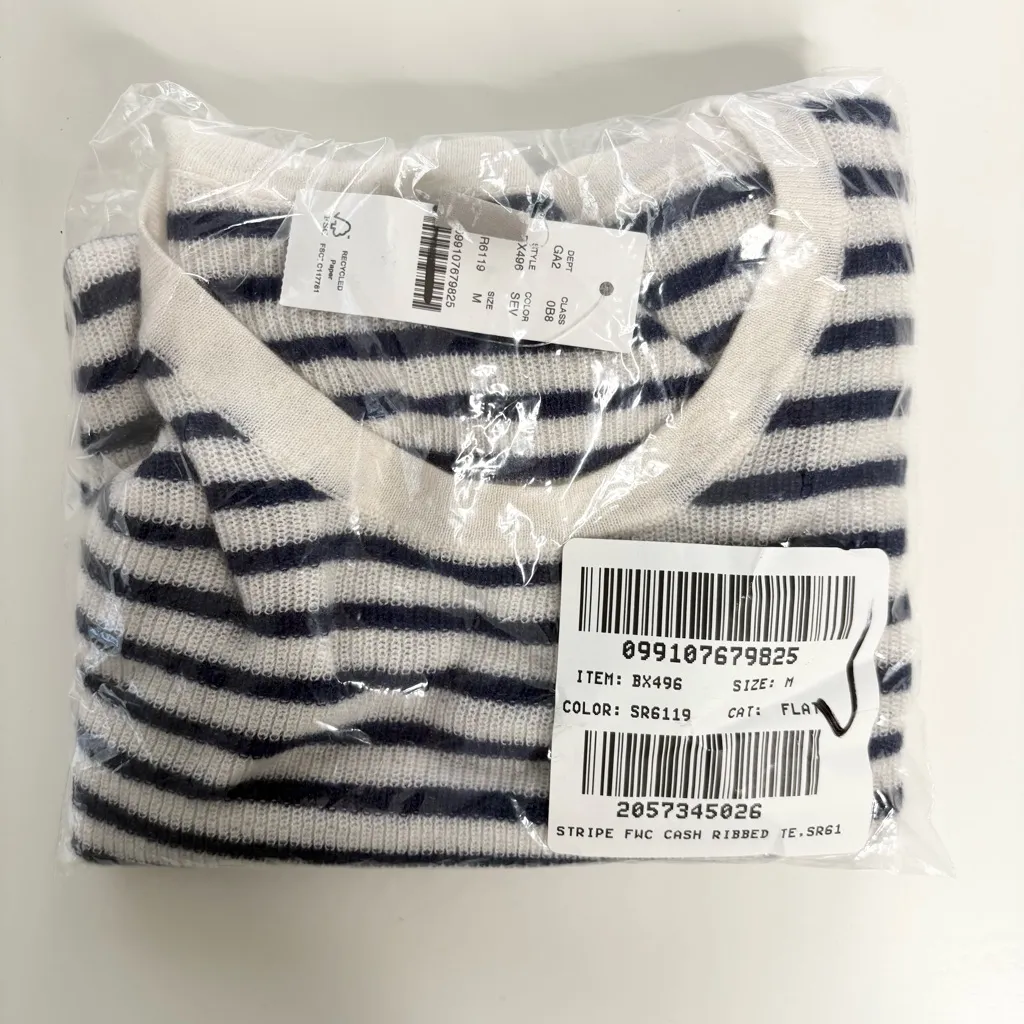 NWT J. Crew Ribbed Featherweight Cashmere T-shirt Stripe Snow Evening - Image 4