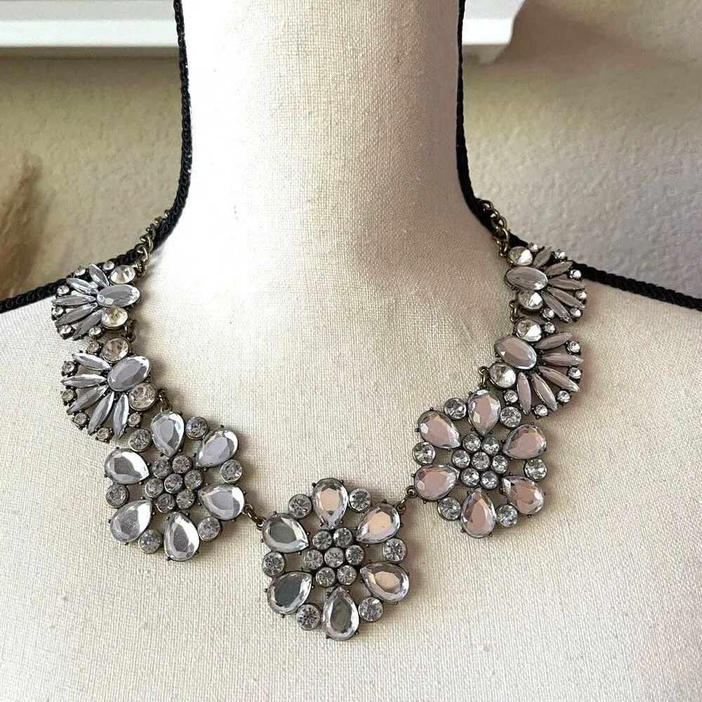 Flower Studded Rhinestone Statement Necklace Princess Glam Floral Jewelry Brass Silver - Image 2