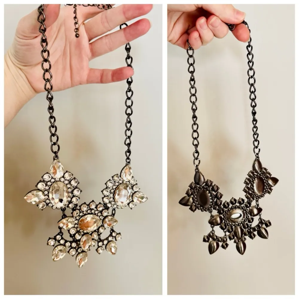 Rhinestone Embellished Statement Bib Necklace, Adjustable Gunmetal Hardware - Image 2