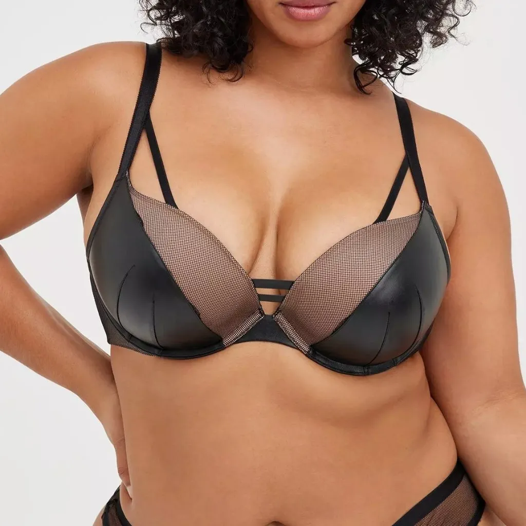 Torrid XO Plunge Push-Up Bra Size 38C Black Faux Leather Mesh Underwire Strappy - Image 2