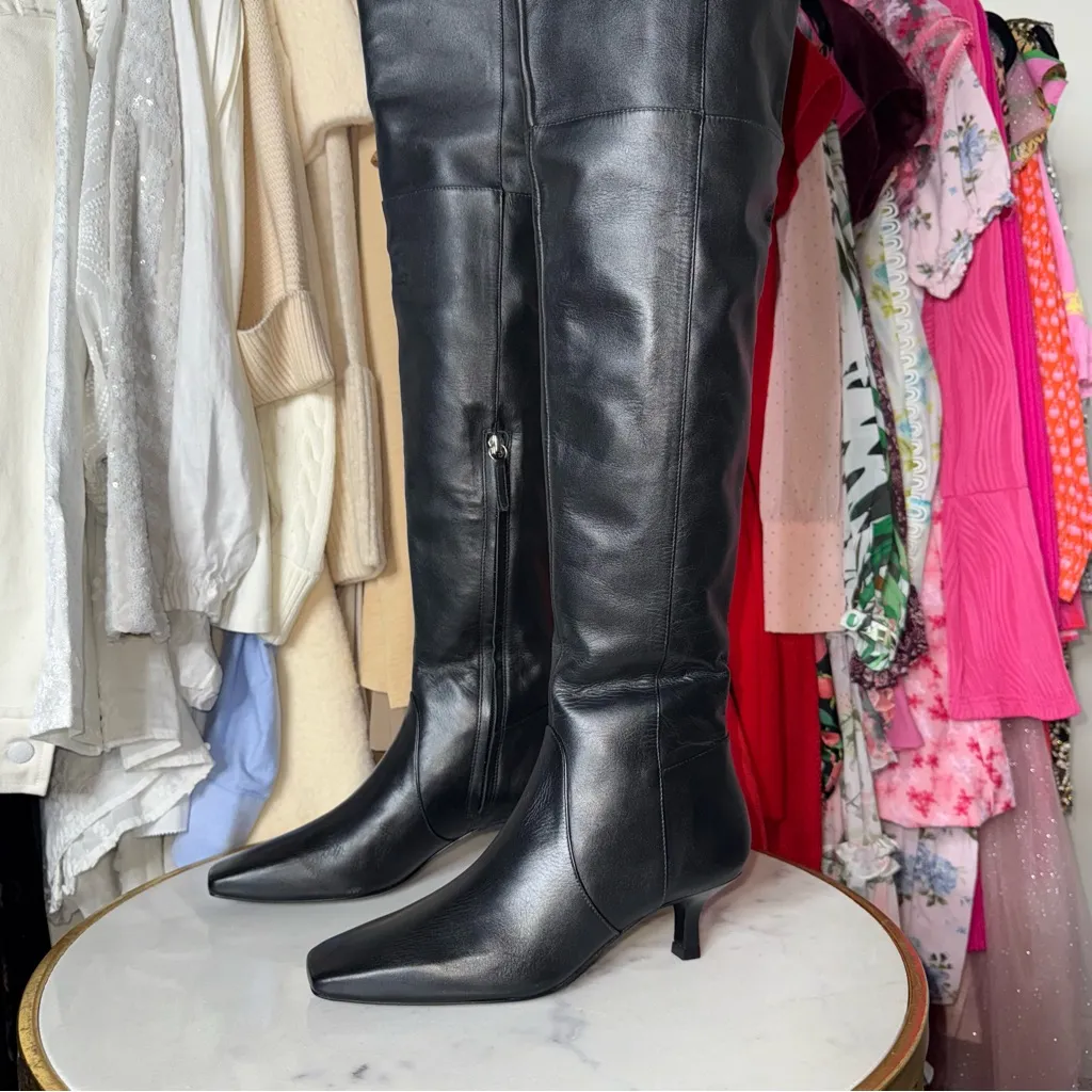 New Cult Gaia Serena Thigh High Black Leather OTK Tall Kitten Heel Boots 35.5 - Image 5