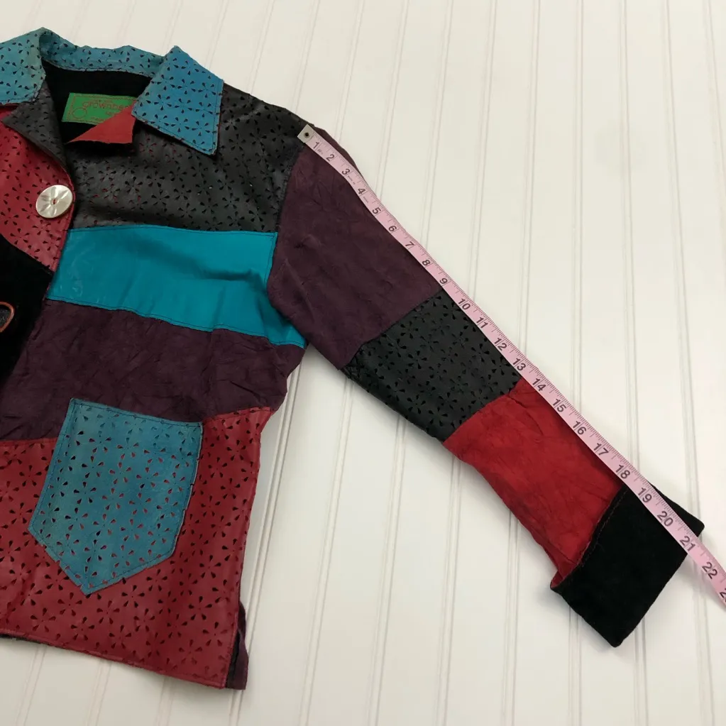 Vintage Grownbeans Red & Blue Leather & Suede Jacket with Asymmetrical Patchwork Size L - Image 12