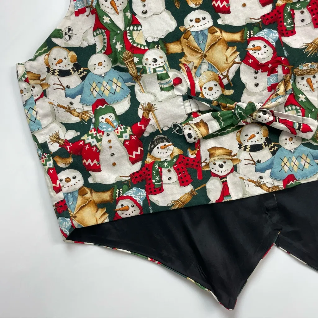 Vintage 90s Holiday Vest Winter Christmas‎ Snowman Women Cotton Print Green Size M - Image 9