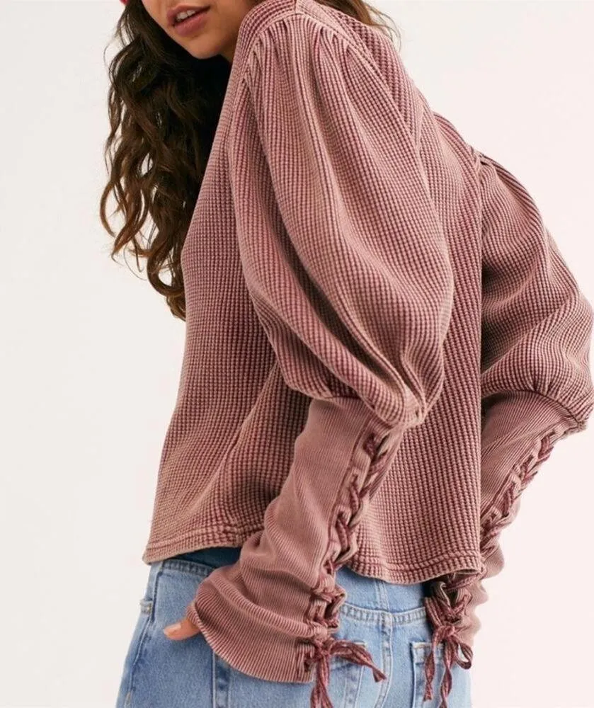 FREE PEOPLE Waffle Thermal Crew Medieval Lace Up Sleeves Pleated Shoulder XS - Image 6