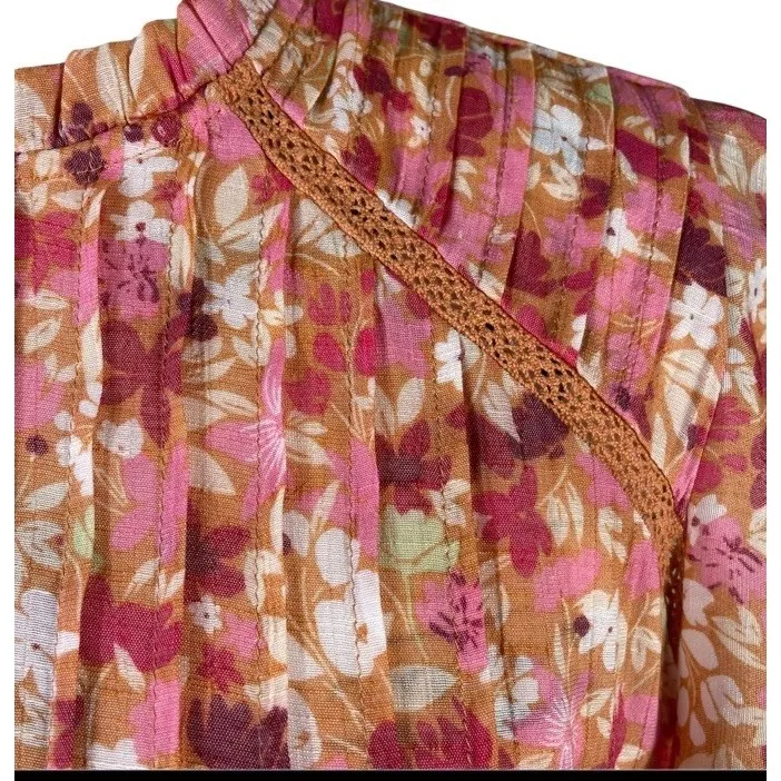 Nanette Lepore Pleated Floral Blouse Pink Orange White Size M Short Sleeve‎ Lace - Image 7
