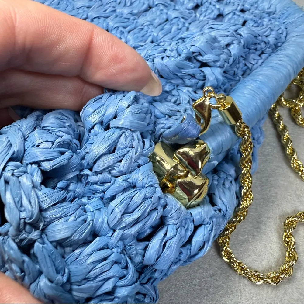 Loeffler Randall Blue Crochet Raffia Trudie Frame Clutch Gold Chain Purse Bag - Image 11