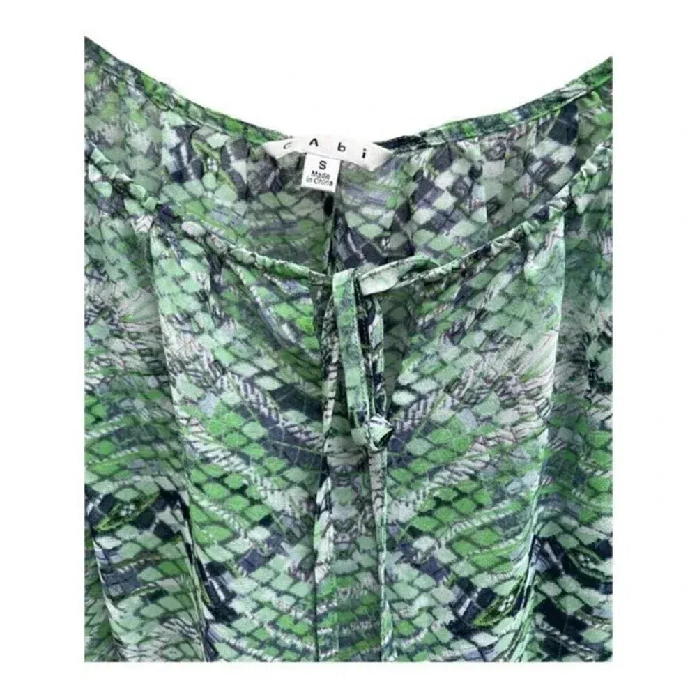 Cabi Size Small Darby Green Snakeskin Patterned Tie Front‎ Sheer Blouse​​ - Image 4