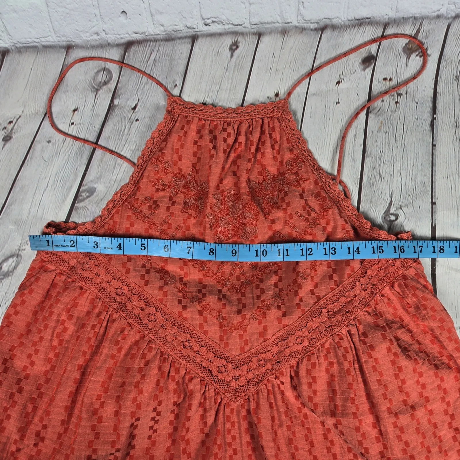 Free People Elisa‎ Tunic Tank Top XS Coral Orange Lace Trim Halter Sleeveless - Image 9