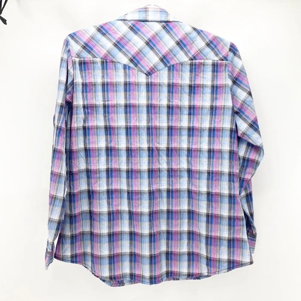 Vintage Wrangler Shirt blue Pink Purple Snap button western rodeo cowgirl 2XL - Image 8