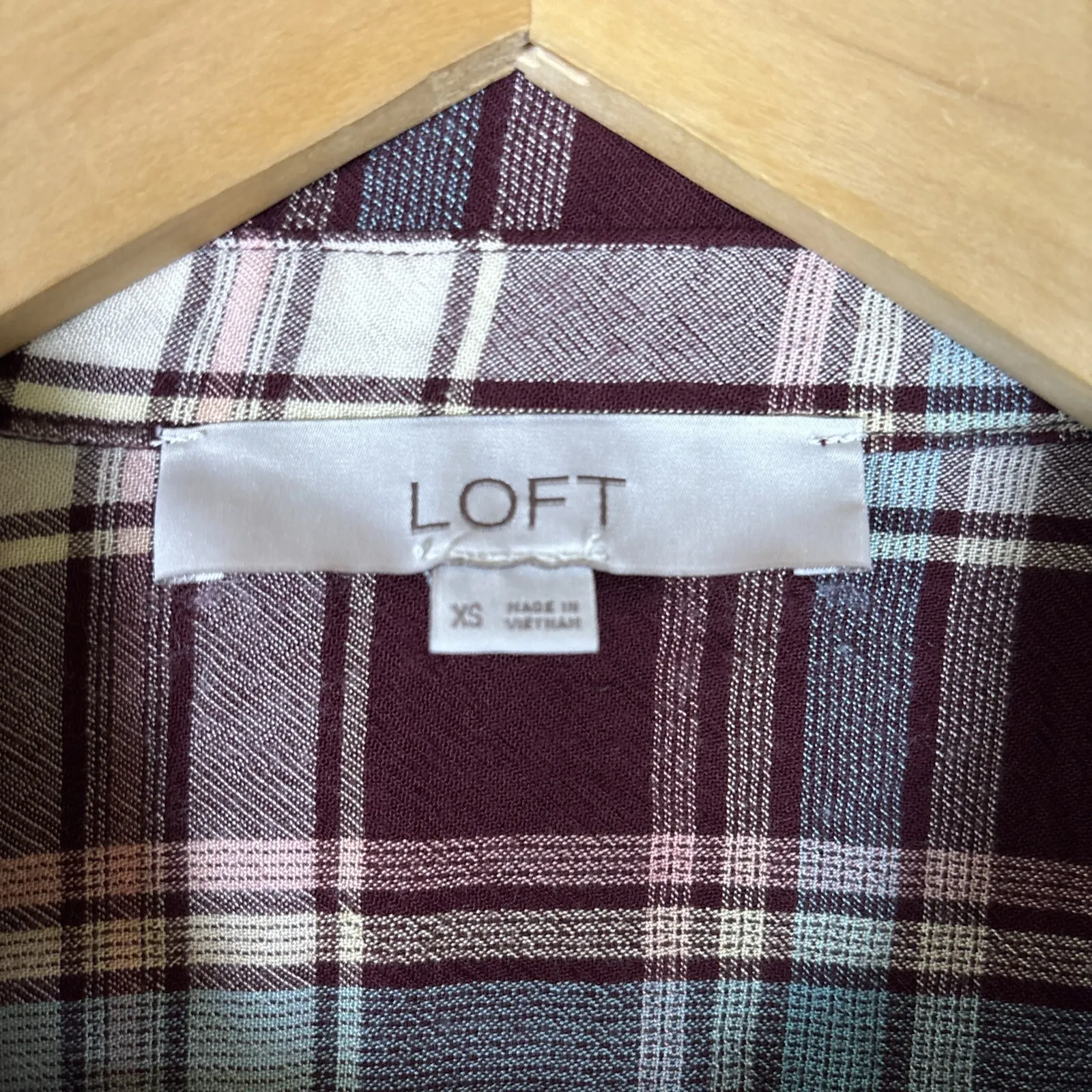 LOFT Ann Taylor Womens Dress Sz XS Shirt Style Button Up Tiered Purple Plaid - Image 4