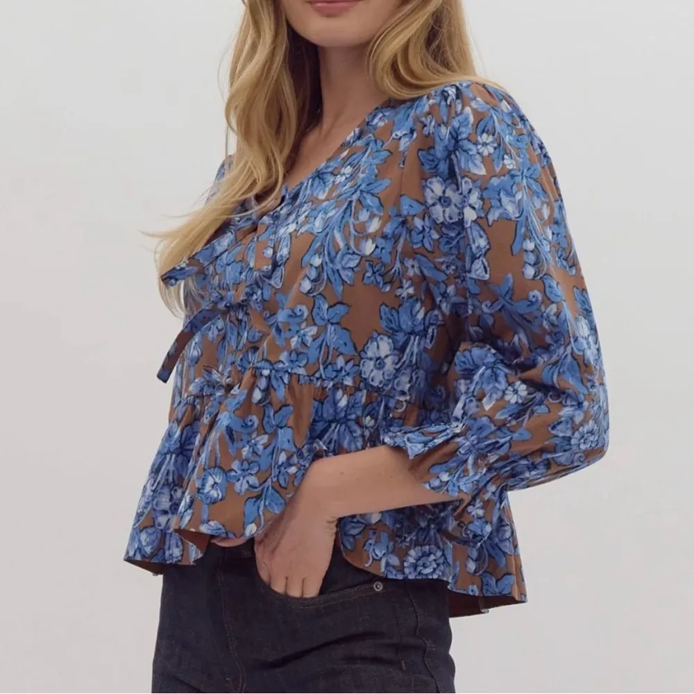 Entro Blue Brown Floral Peplum Ruffle Tie Front Long Sleeve Cotton Blouse Size M - Image 2