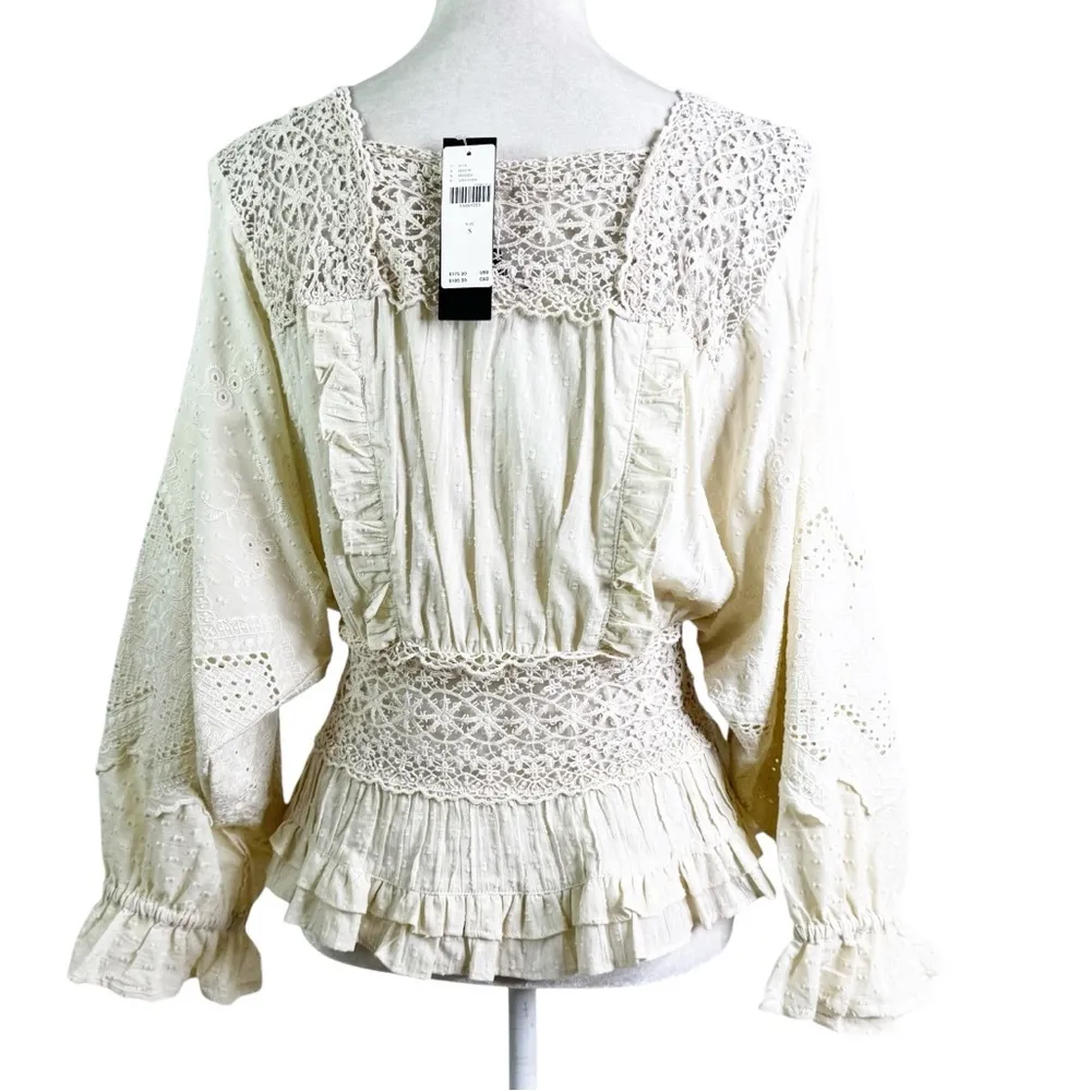 NWT Anthropologie Love Sam Boho Cotton Lace Peplum Full Sleeve Top Ecru Size S - Image 4