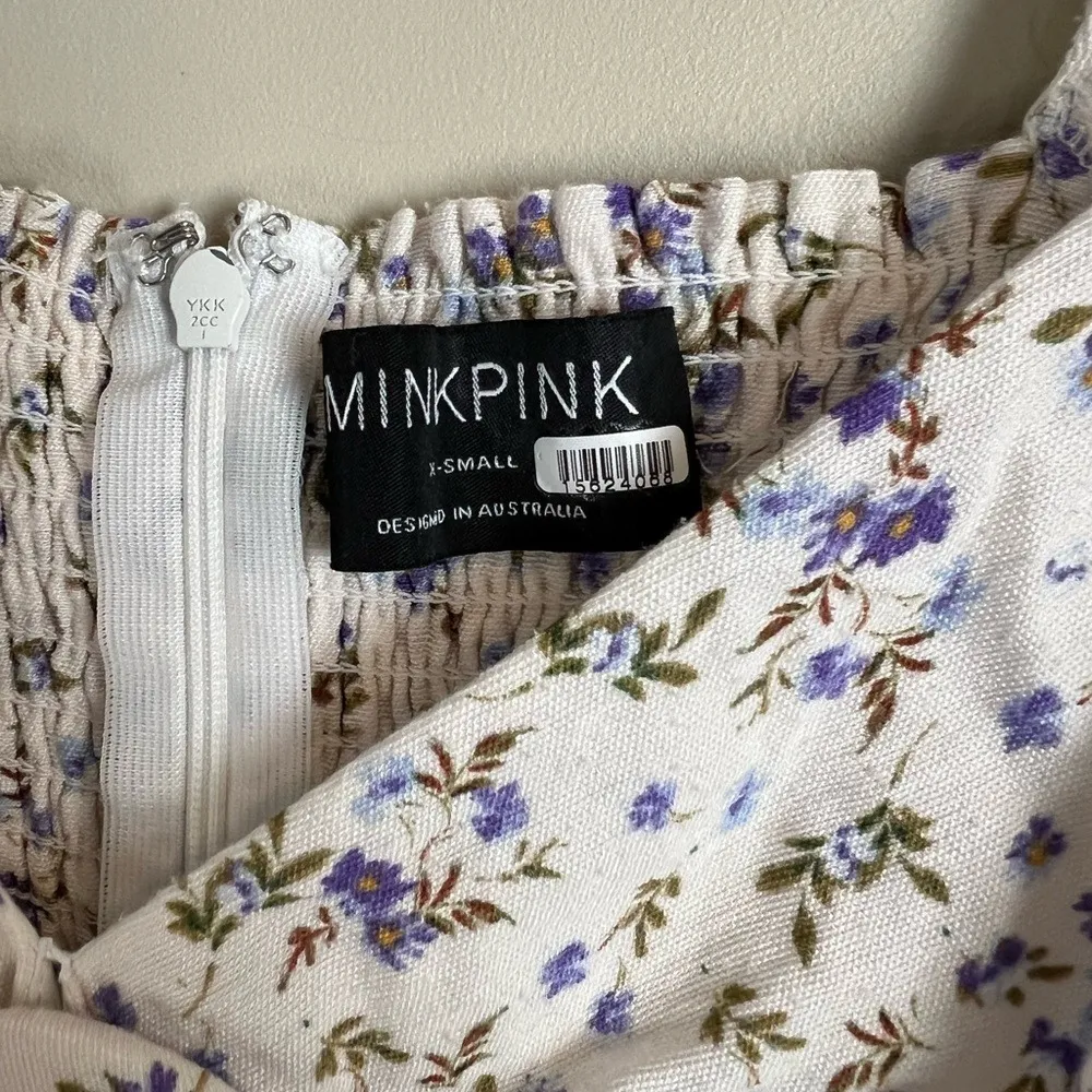 MinkPink Hailey Floral Midi Dress XS Puff Sleeves Shirred Elastic Bodice - Image 4