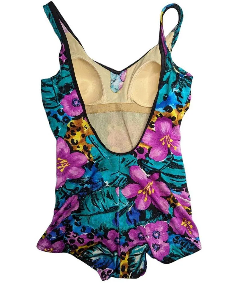 Vtg 1990s Mainstream Purple Teal Floral Leopard Skirted One Piece Swimsuit 14 - Image 2