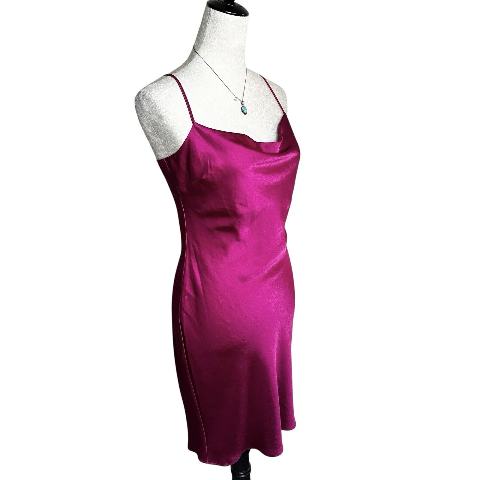 Express Hot Pink Satin Cowl Neck Mini Slip Dress Small | Y2K Dopamine Clubwear - Image 2