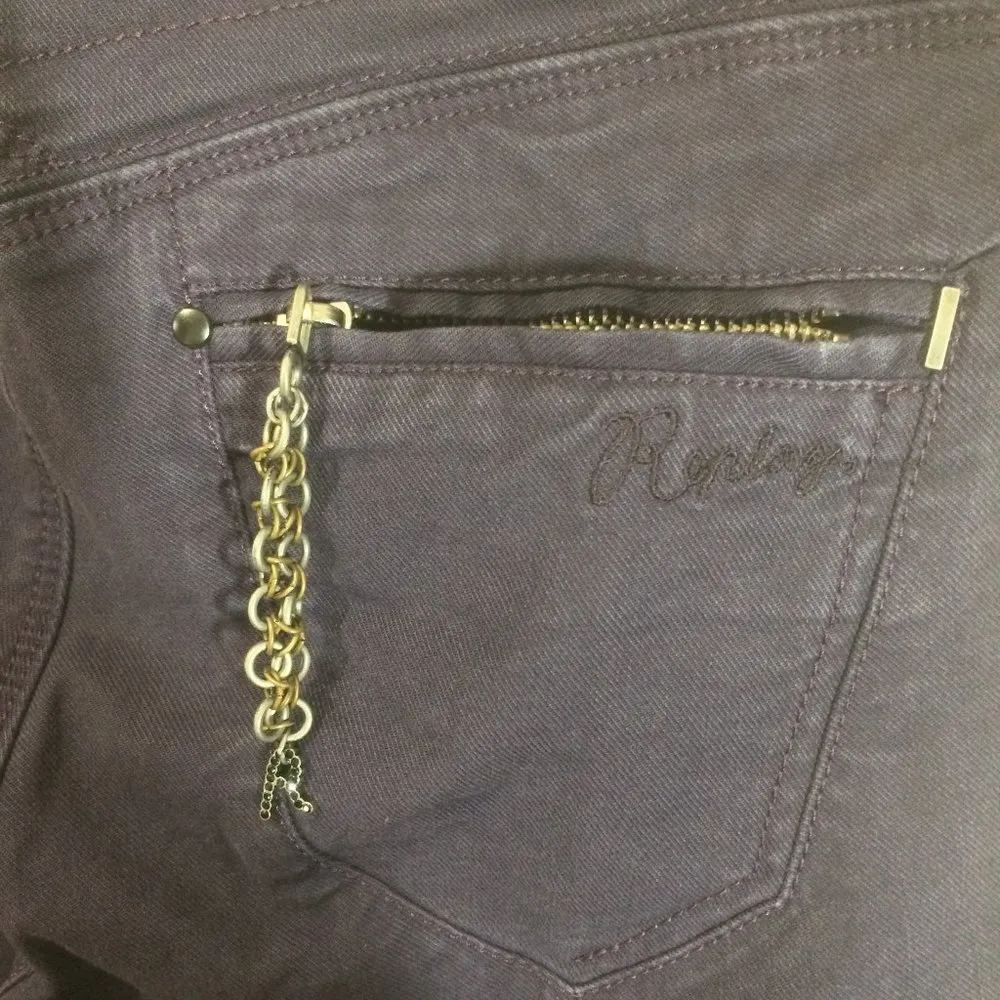 Replay women's 28 straight stretch "PAUBDUL" Paula Abdul zip chain skinny jeans Purple - Image 9