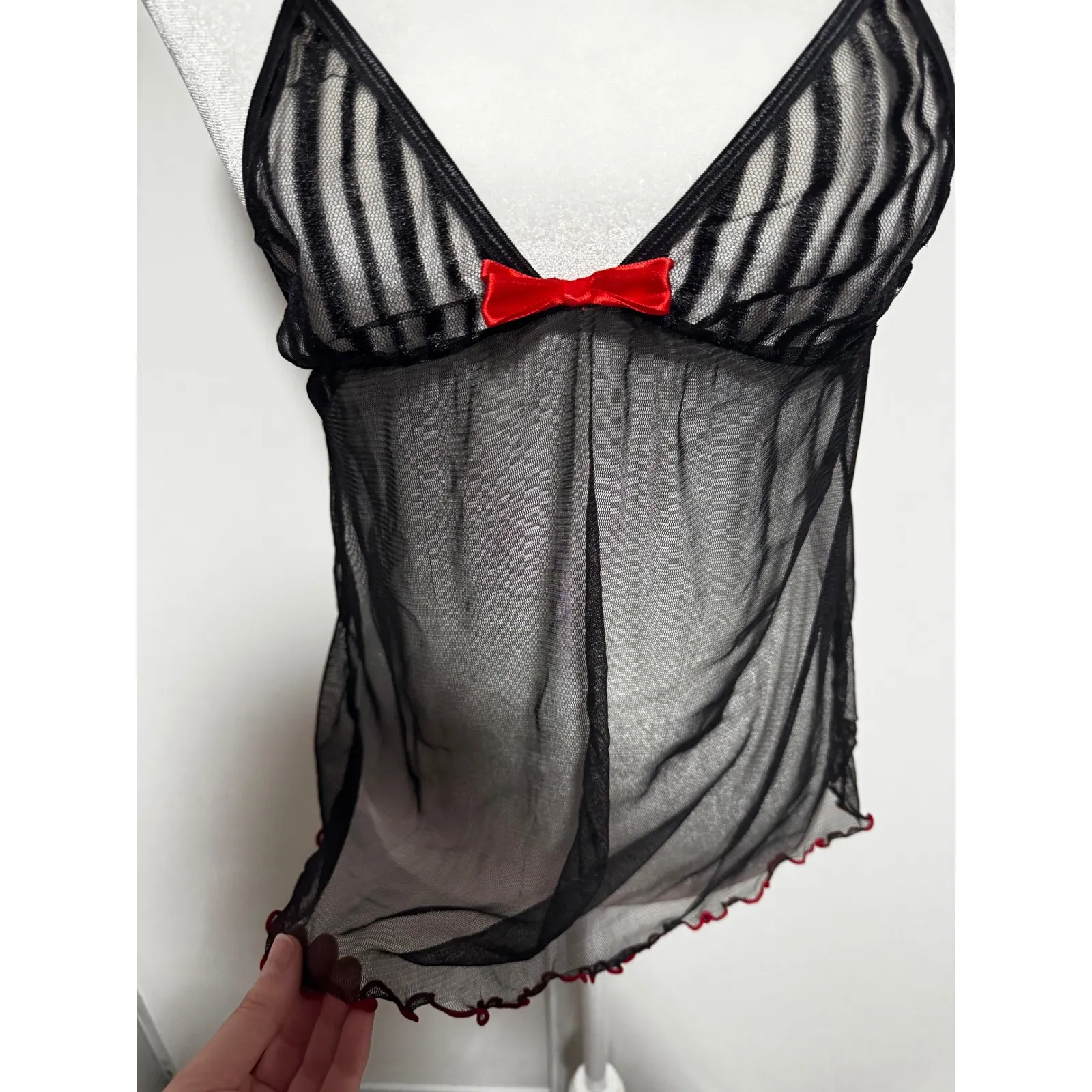 Dreamgirl Black Sheer Babydoll Lingerie‎ Top Red Bow Halter Tie Sexy Sleepwear S - Image 2
