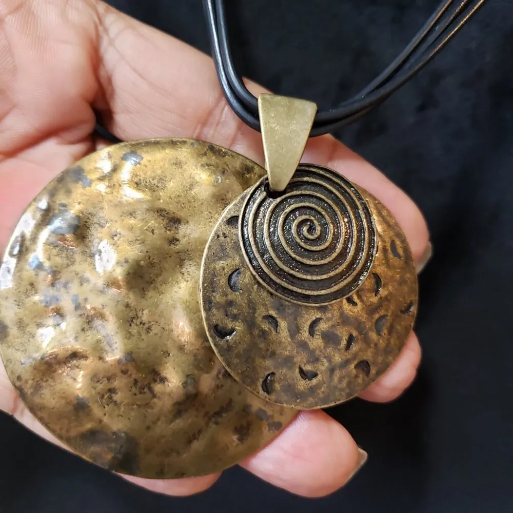 Womens Brass Round Hammered Pendant 4 Strand Black Cord Necklace Jewelry Lobster Gold - Image 5